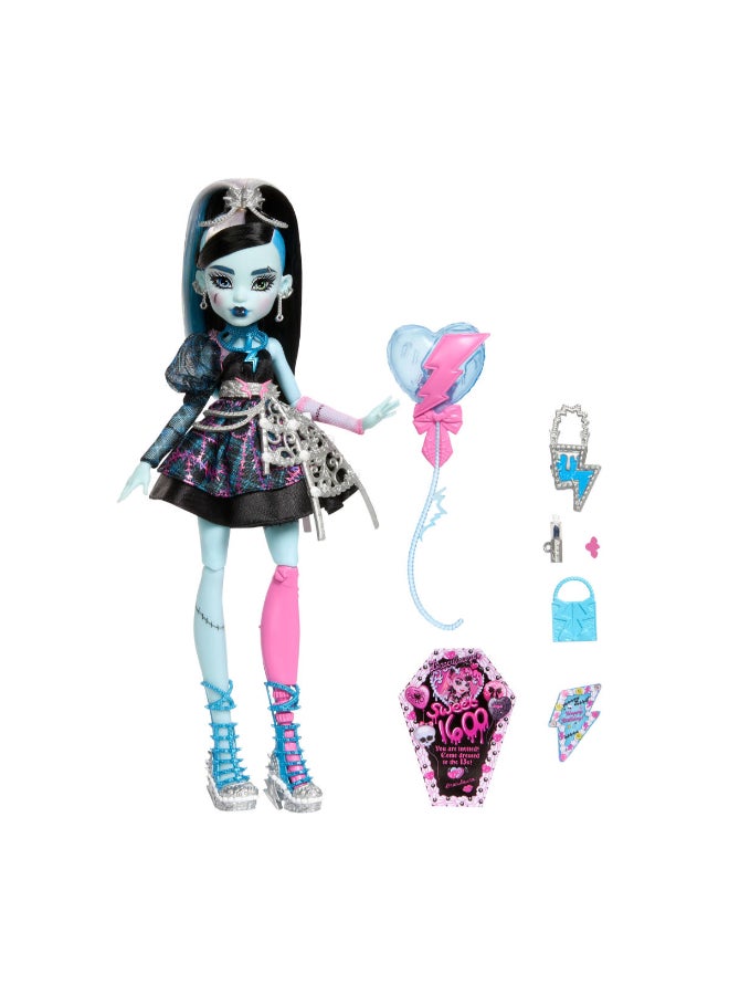 مونستر هاي Scary Sweet Birthday Doll, Frankie Stein in Black Party Dress with Themed Accessories like Invite, Balloon, Gift, Lipstick and More - Image 5